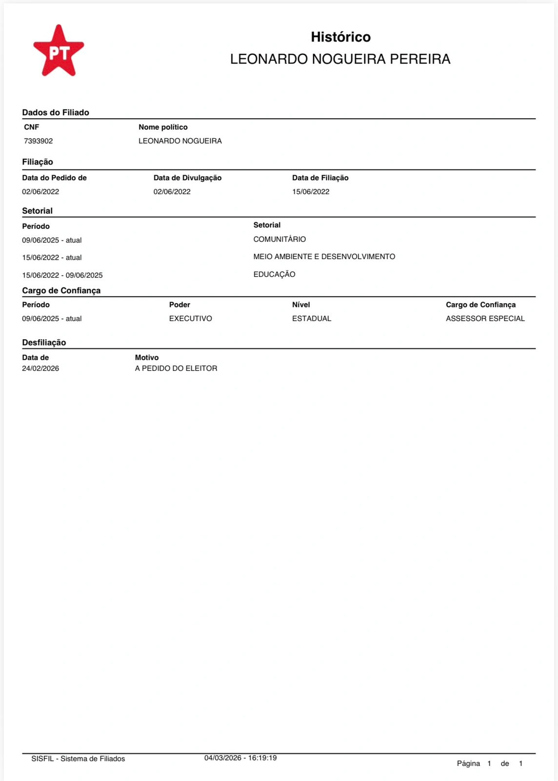 Leonardo Nogueira anuncia desfiliação do PT