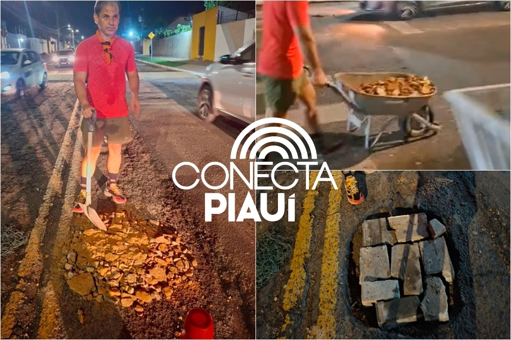 Morador usa carrinho de mão para tapar crateras em avenida de Teresina