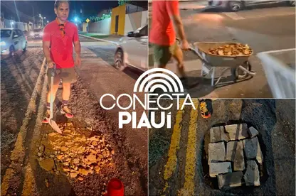 Com ajuda de carrinho de mão, morador tapa crateras em avenida de Teresina