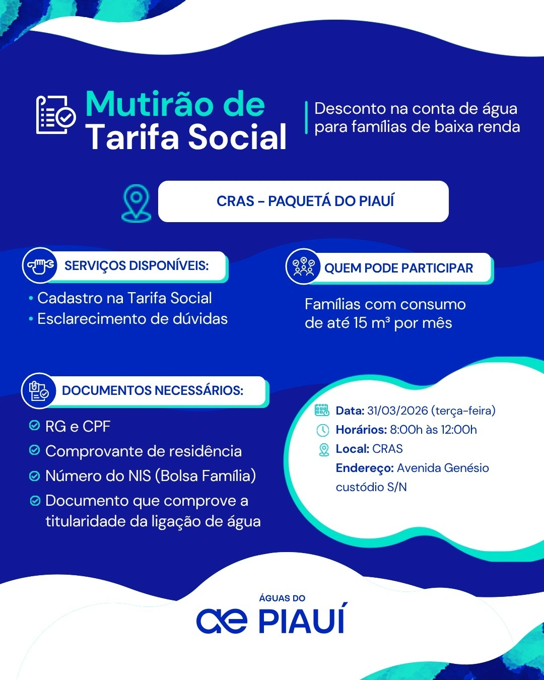 Nesta terça (31) Paquetá do Piauí recebe mutirão da Tarifa Social da Águas do Piauí