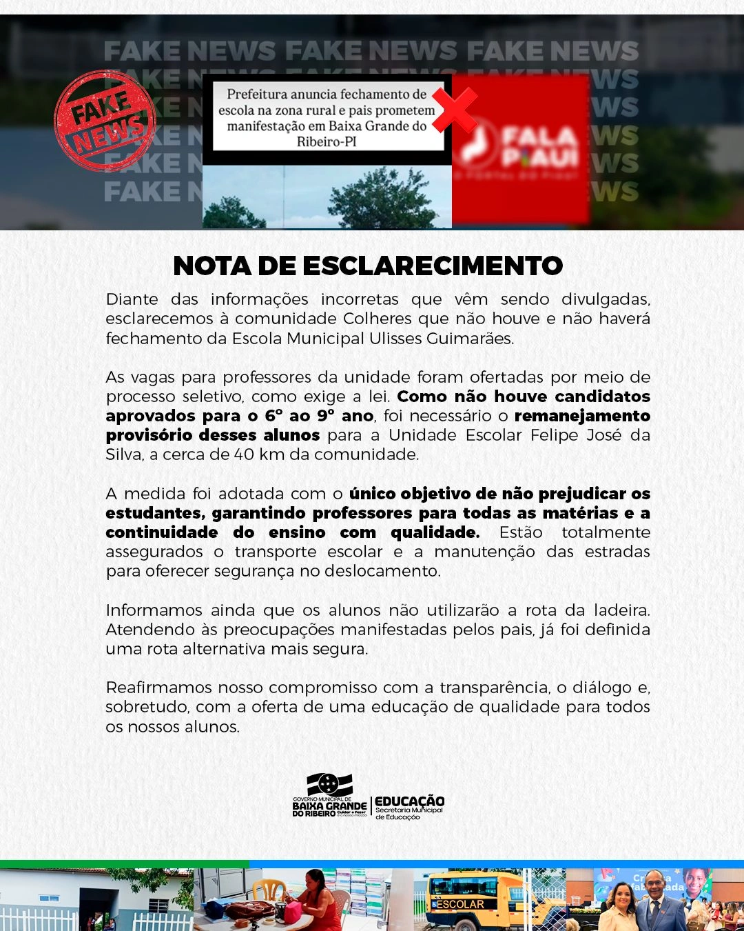 Prefeitura de Baixa Grande do Ribeiro desmente boato sobre fechamento de escola