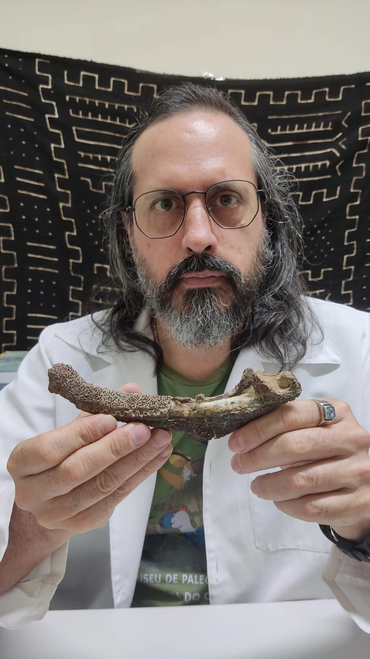 Professor Juan Carlos Cisneros com mandíbula do anfíbio descoberto
