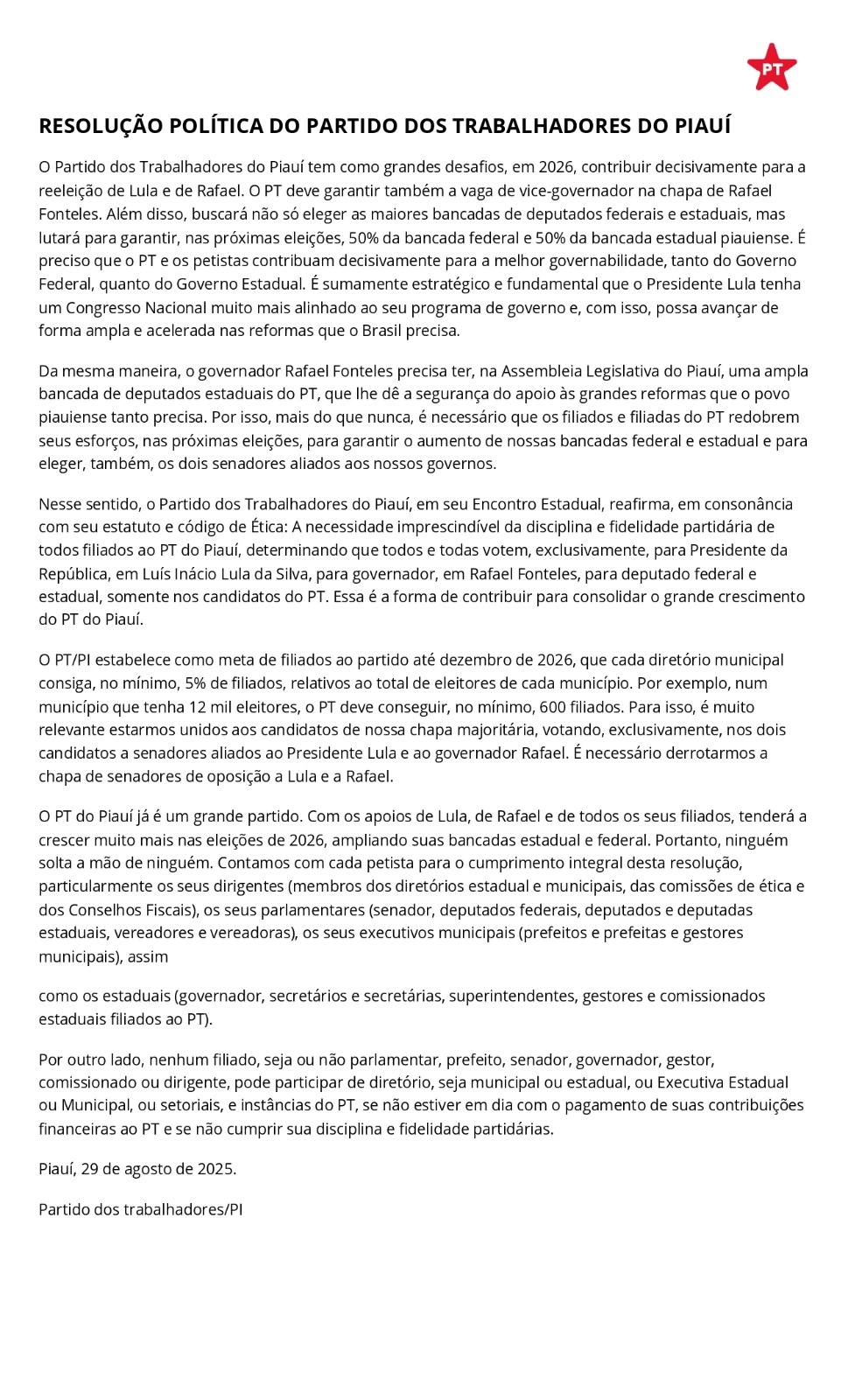 PT do Piauí confirma chapa com Rafael Fonteles e vice do próprio partido