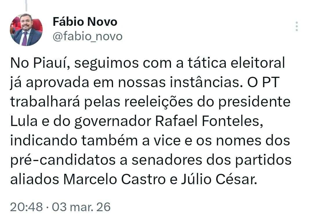 PT Piauí desmente boatos e reafirma que Júlio César mantém apoio na base