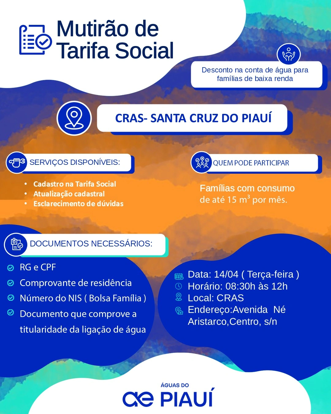 Águas do Piauí realiza mutirões de Tarifa Social em três municípios da região de Picos nesta semana