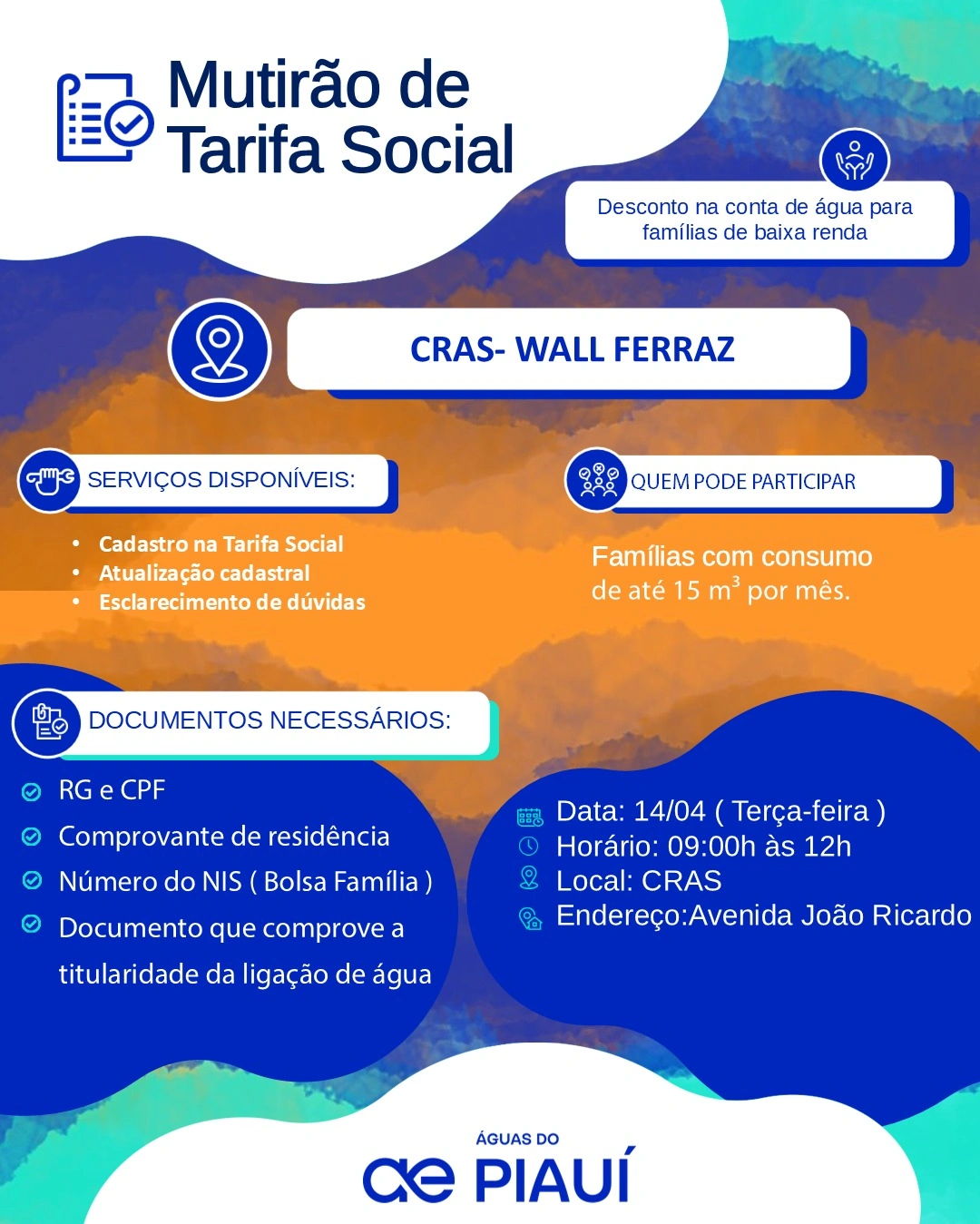 Águas do Piauí realiza mutirões de Tarifa Social em três municípios da região de Picos nesta semana