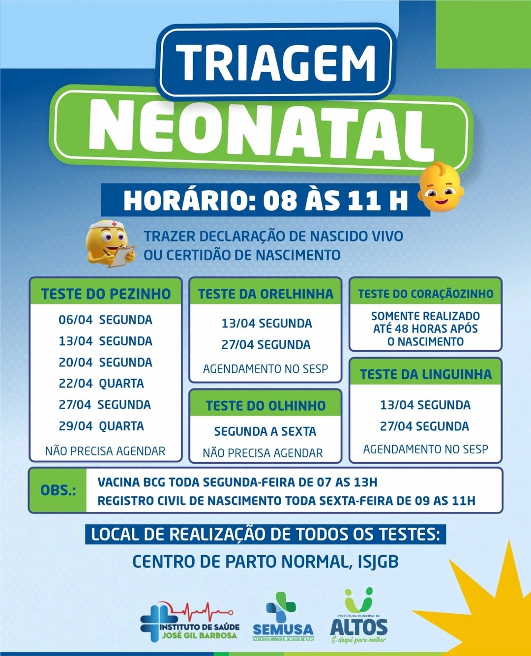 Altos realiza triagem neonatal com oferta de testes essenciais para recém-nascidos