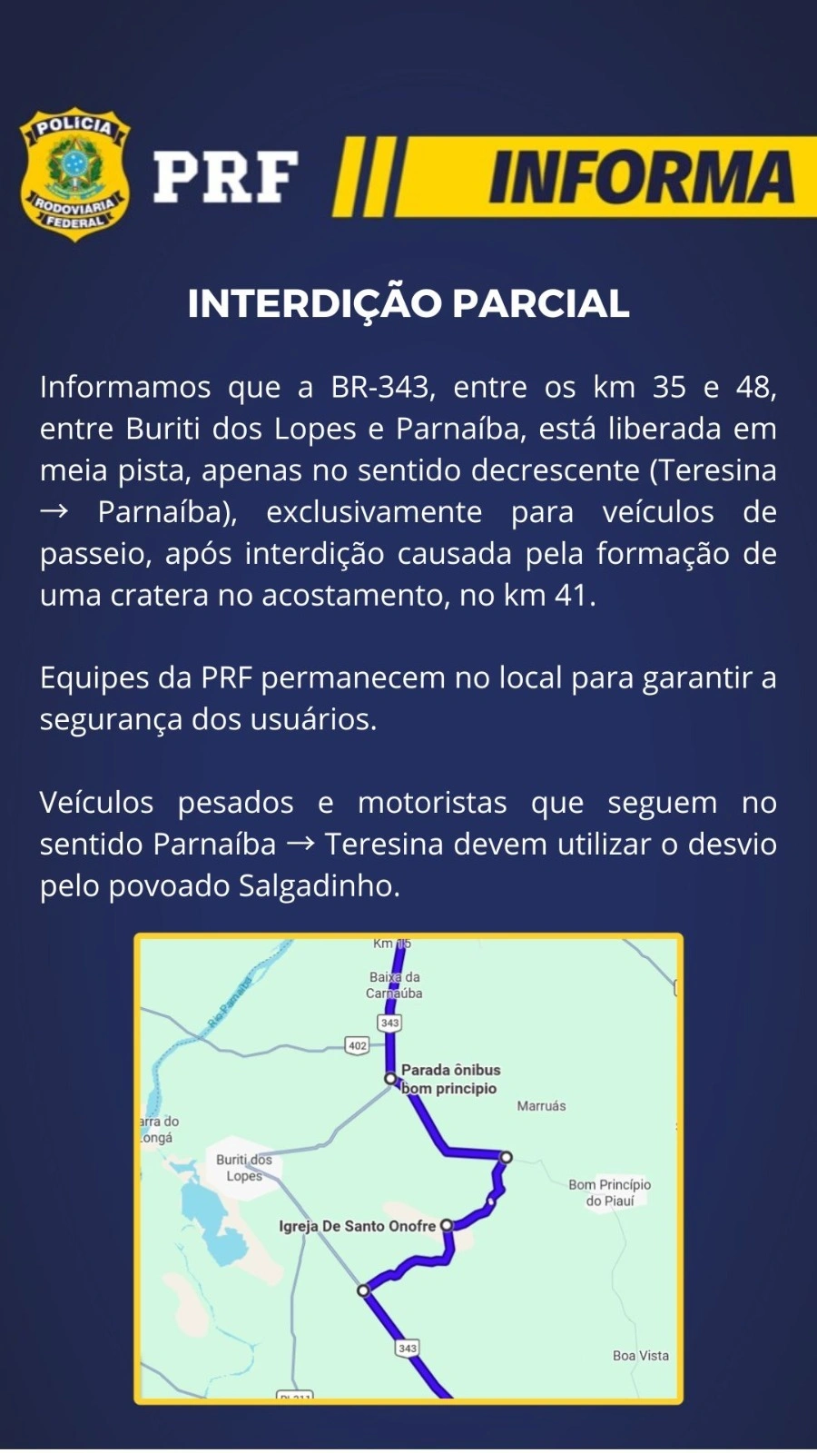 Após formação de cratera na BR-343, PRF alerta para desvio por Bom Princípio do PI