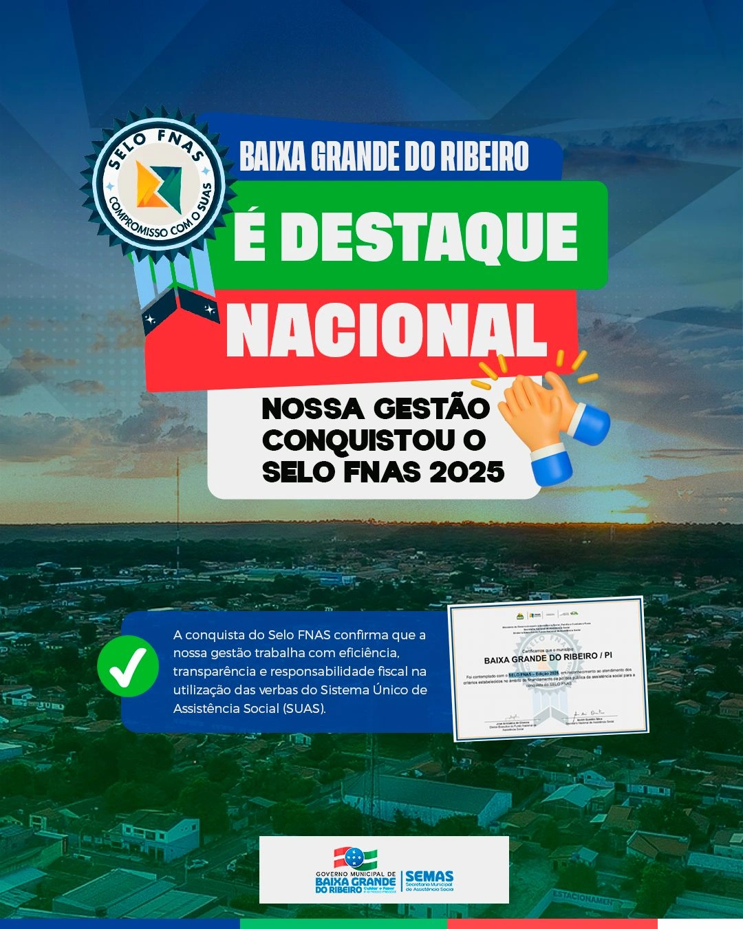 Baixa Grande do Ribeiro recebe reconhecimento nacional na assistência social