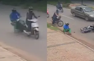Câmera flagra colisão entre motos em Picos; condutora foge sem socorrer vítima (Foto: Reprodução)