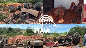 Caminhão carregado de tijolos tomba e deixa três feridos no Sul do Piauí (Foto: Maria Clara César / Conecta Piauí)