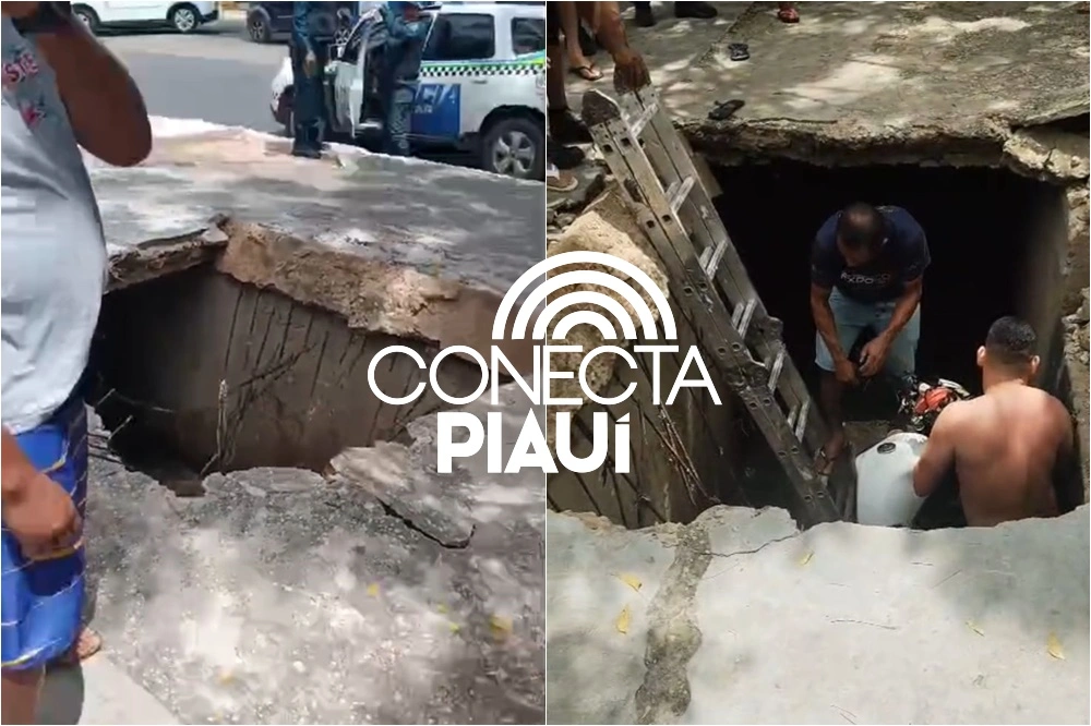 Cobertura de galeria cede e pessoas caem em buraco na zona Sul de Teresina