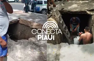 Cobertura de galeria cede e pessoas caem em buraco na zona Sul de Teresina (Foto: Reprodução)