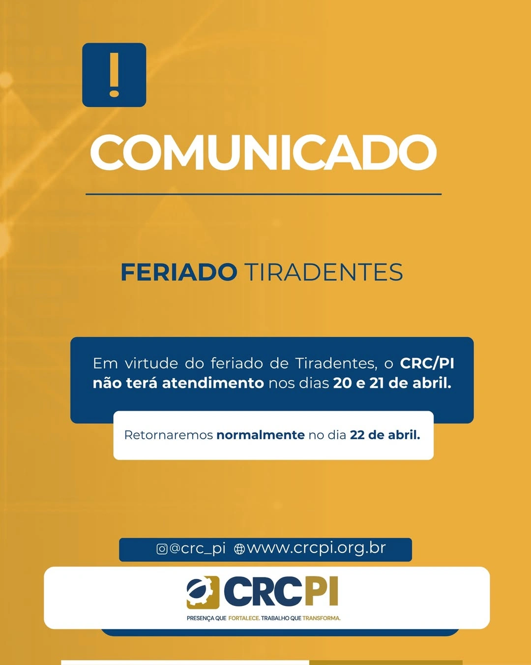 CRC-PI suspende atendimento nos dias 20 e 21 por feriado de Tiradentes