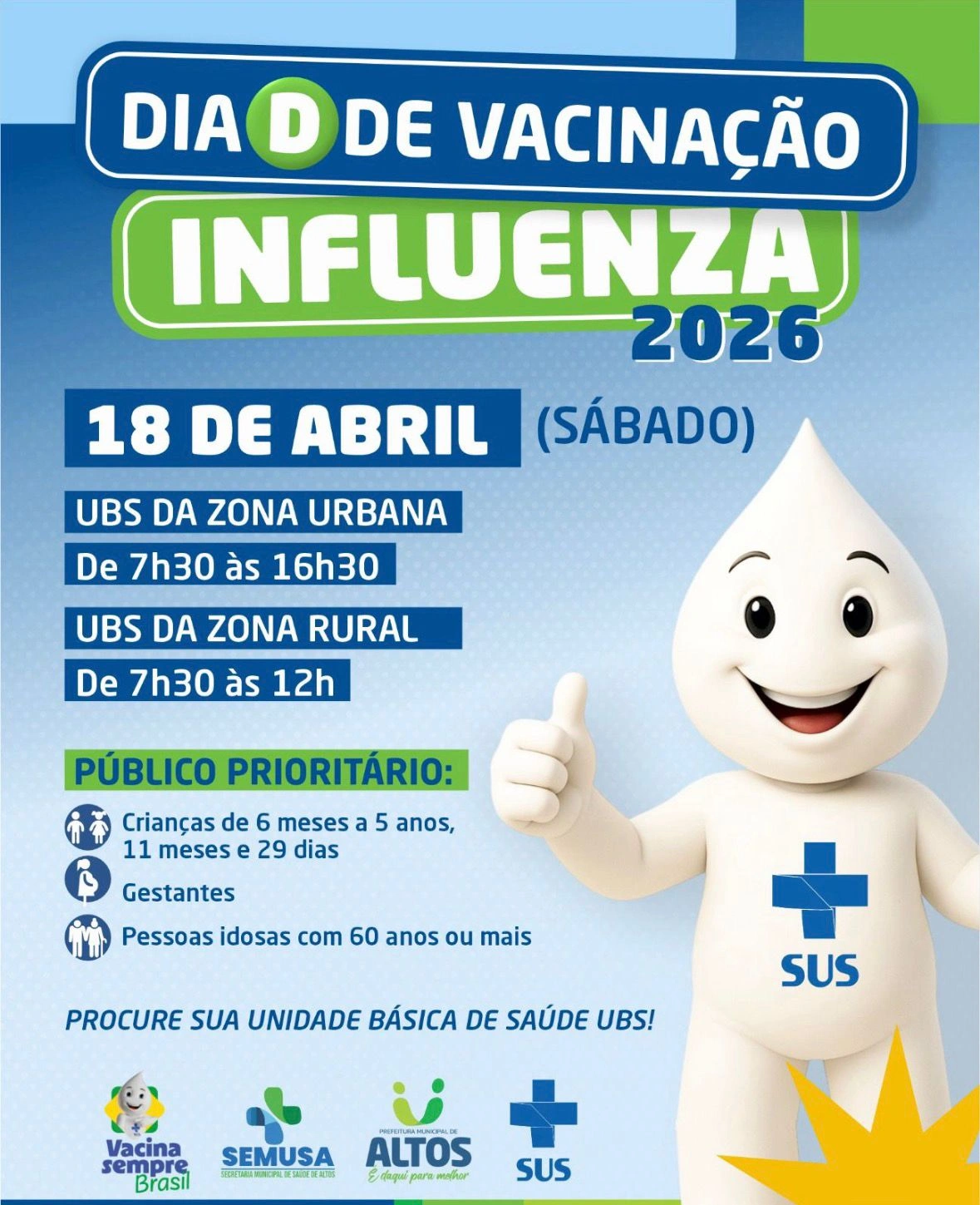 Dia D de vacinação contra influenza acontece sábado em Altos