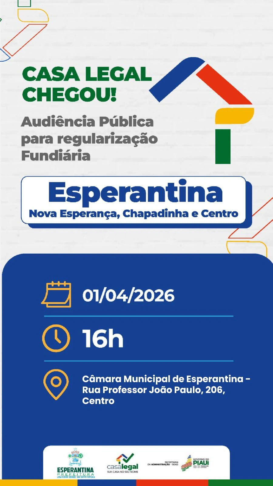 Esperantina recebe 'Casa Legal' com audiência sobre regularização de imóveis