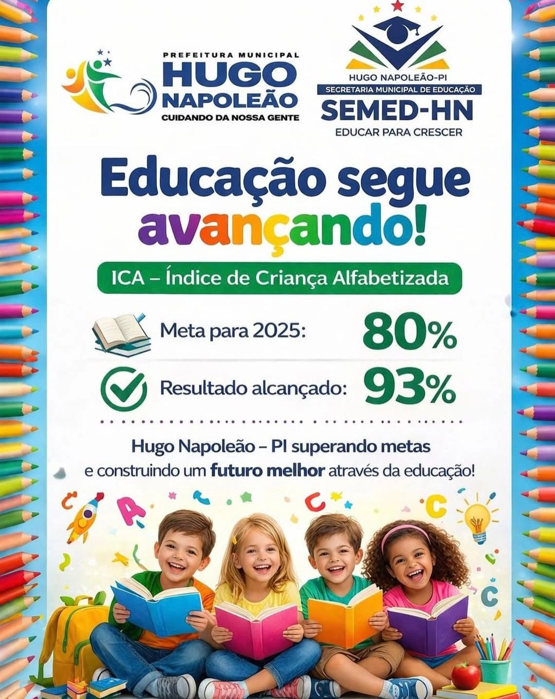 Município de Hugo Napoleão alcança 93% de crianças alfabetizadas no ICA 2025