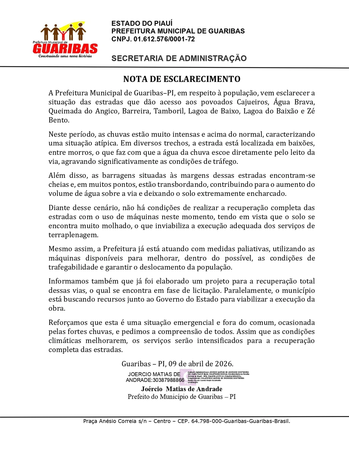 Nota da prefeitura de Guaribas