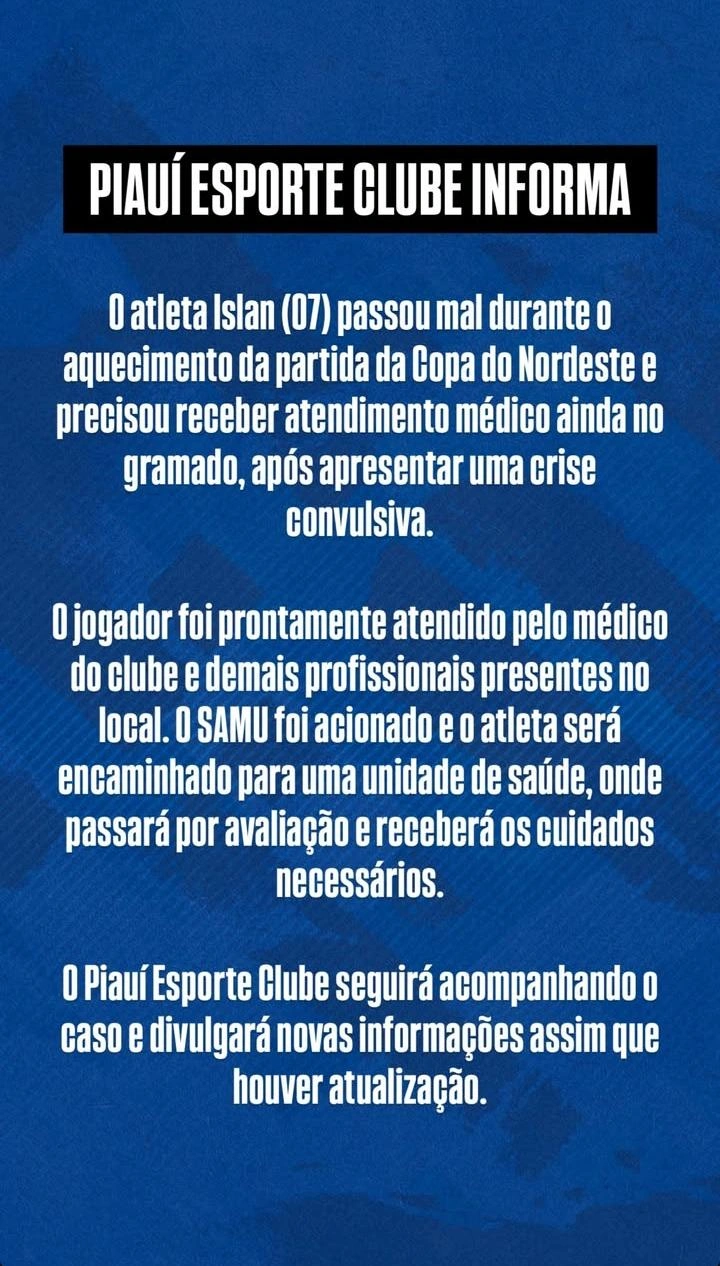 O atacante Islan, camisa 7 do Piauí, passou mal durante o aquecimento antes da partida contra o Fluminense-PI, pela Copa do Nordeste.