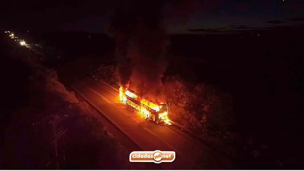 Ônibus de turismo pega fogo na BR-407 no Piauí