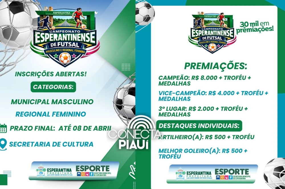 Prefeitura de Esperantina abre inscrições para Campeonato Esperantinense de Futsal