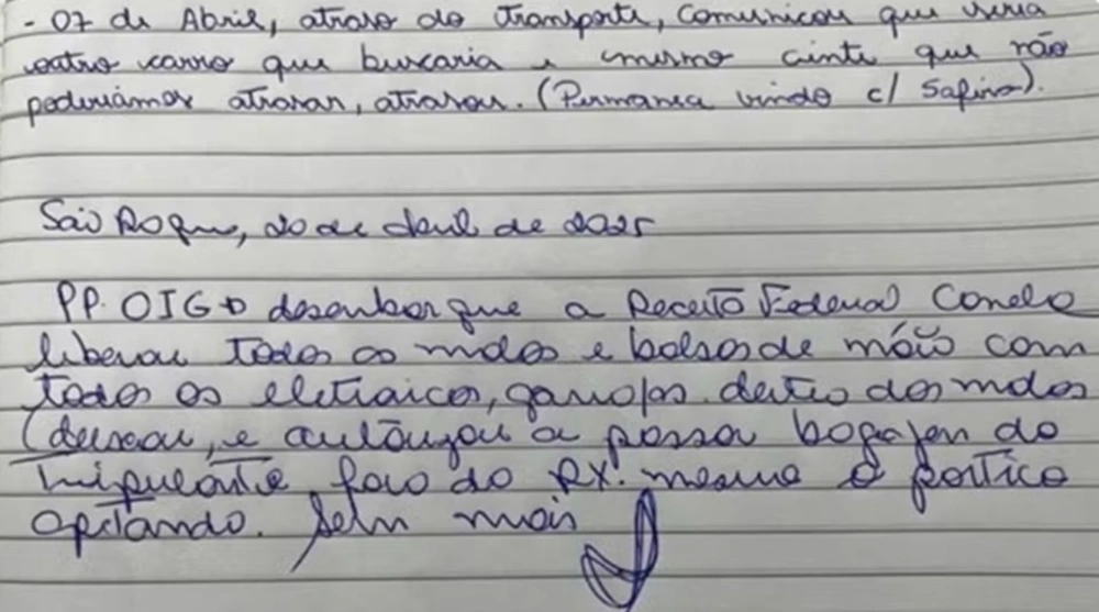 Registro no livro de ocorrências dos APACs relata que auditor fiscal liberou malas e bolsas sem fiscalização