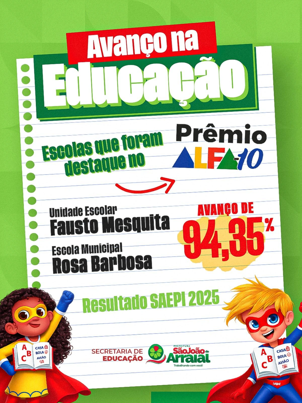 São João do Arraial lidera no Território dos Cocais com destaque no Prêmio Alfa-10