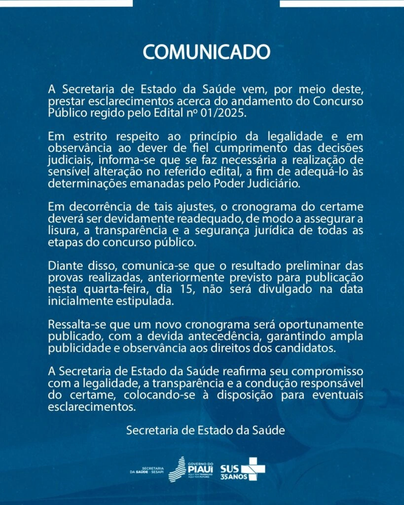 Sesapi readequa cronograma de concurso para atender decisão judicial