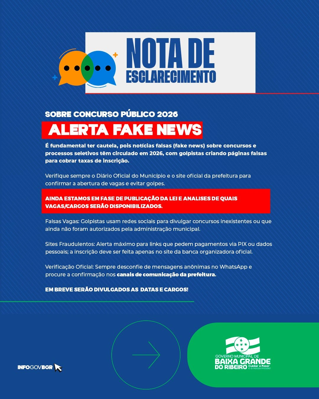 Baixa Grande do Ribeiro alerta população sobre golpes envolvendo falso concurso
