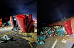 Caminhão carregado com carga de ração tomba na BR-343, em Piripiri