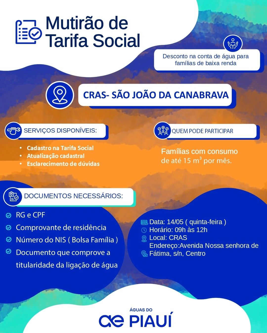 Mutirão da Tarifa Social será realizado em São João da Canabrava nesta quinta (14)