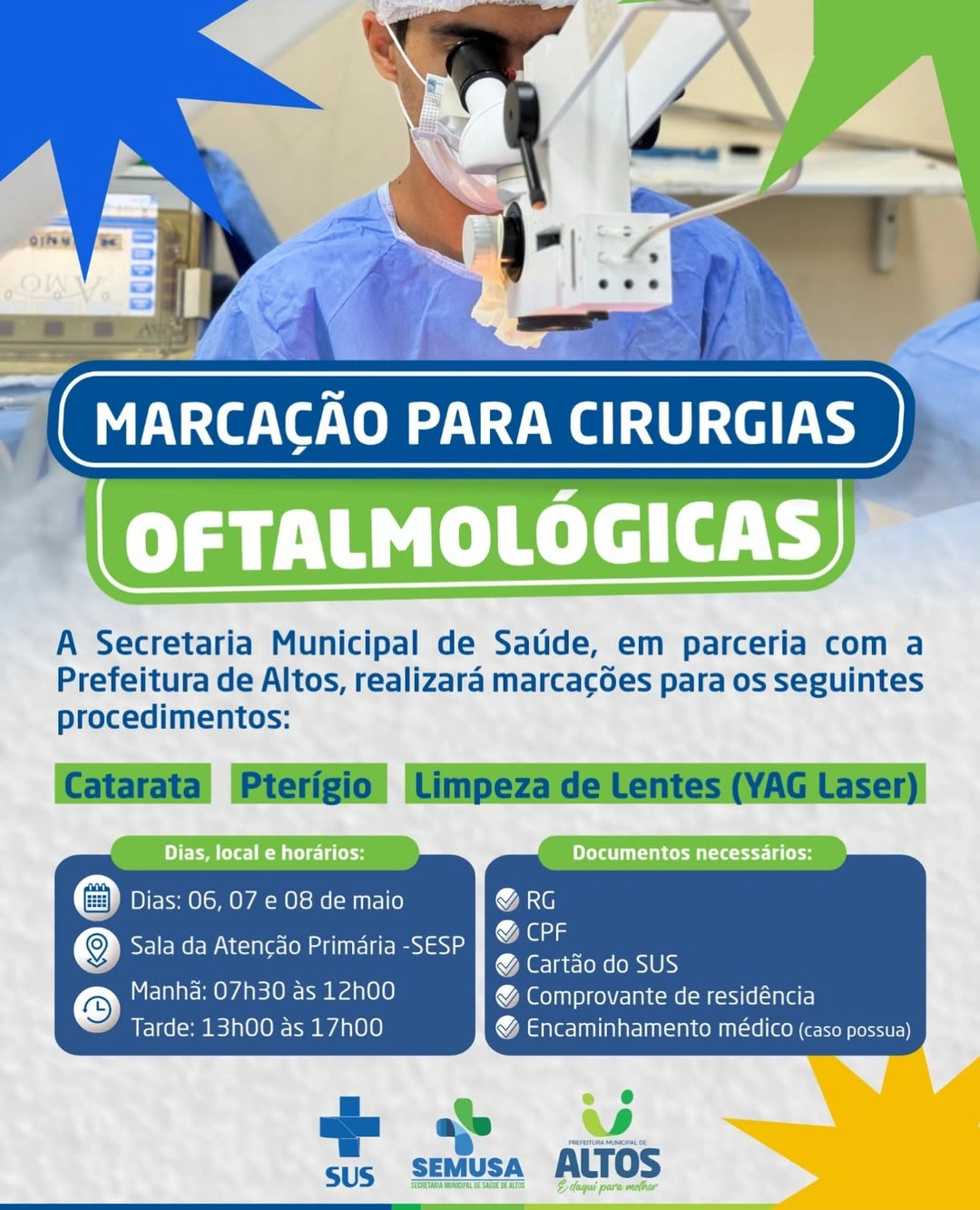Prefeitura de Altos abre marcação para cirurgias oftalmológicas