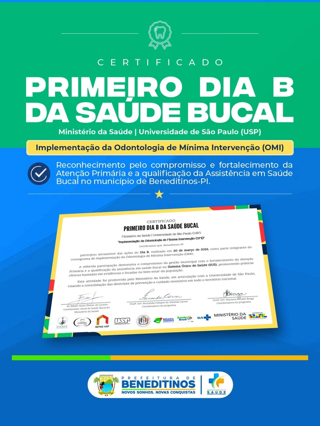 Prefeitura de Beneditinos recebe reconhecimento nacional na saúde bucal
