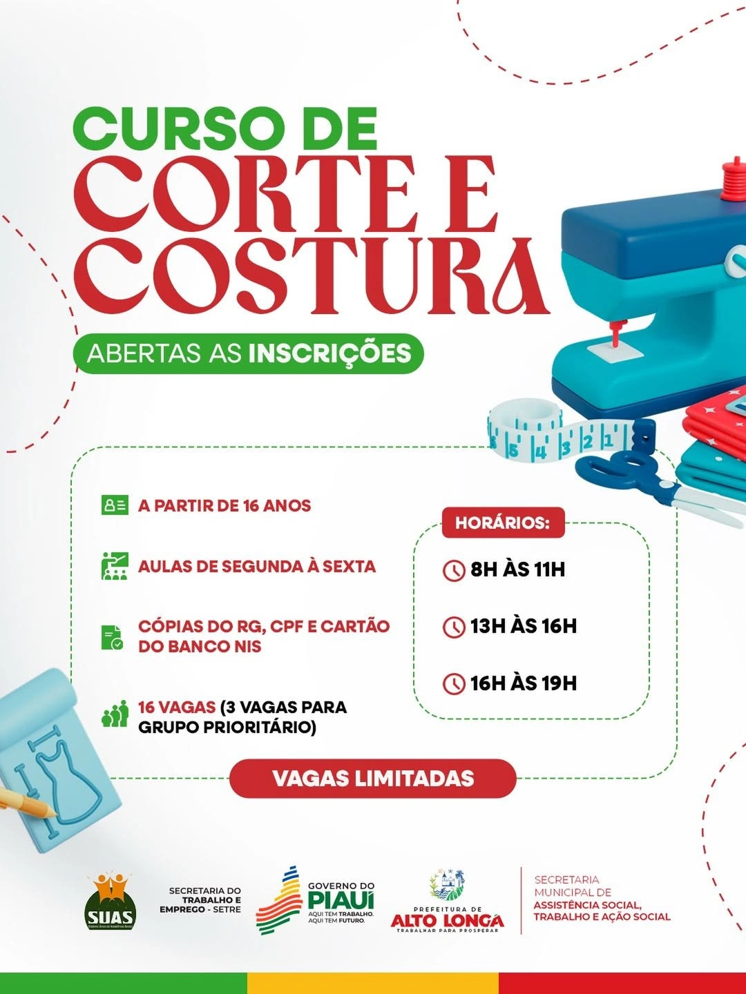 Alto Longá abre inscrições para curso gratuito de corte e costura