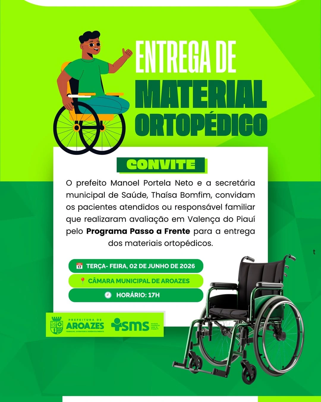 Aroazes realizará entrega de materiais ortopédicos nesta terça