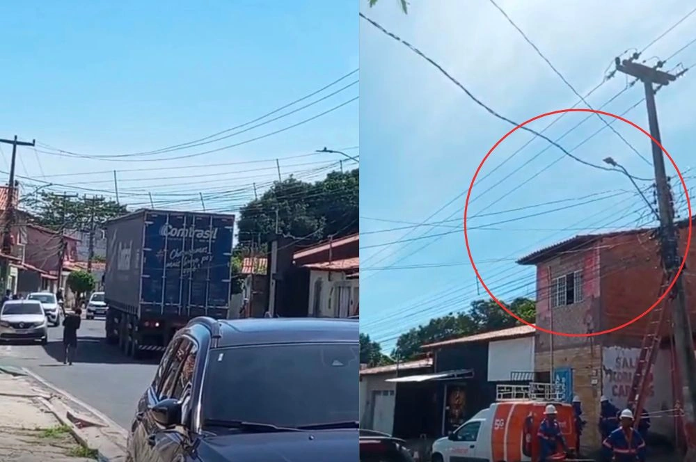Caminhão baú derruba fiação elétrica e quase causa acidente em Teresina