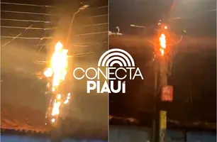 Incêndio em fios de poste causa pânico e deixa moradores sem energia em Teresina (Foto: Reprodução)
