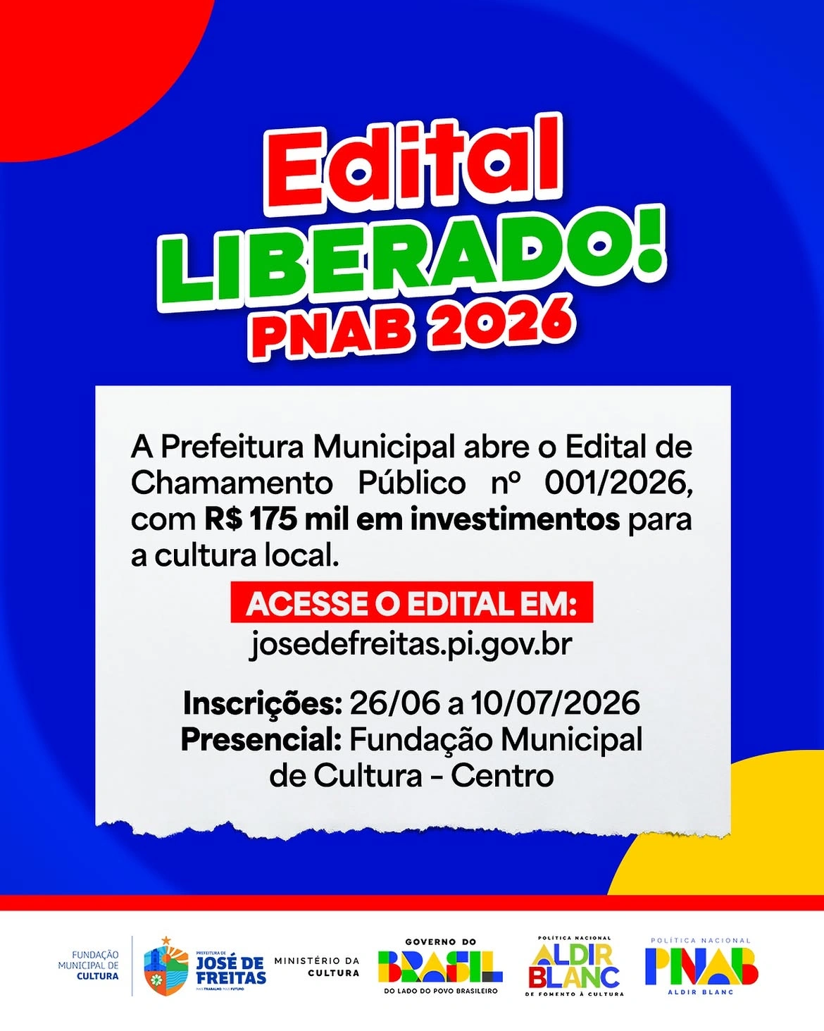 José de Freitas abre inscrições para edital da PNAB com R$ 175 mil