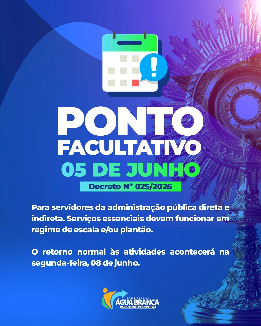 Prefeitura de Água Branca decreta ponto facultativo nesta quinta-feira