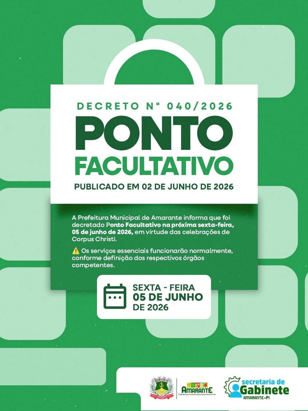 Prefeitura de Amarante decreta ponto facultativo nesta sexta-feira