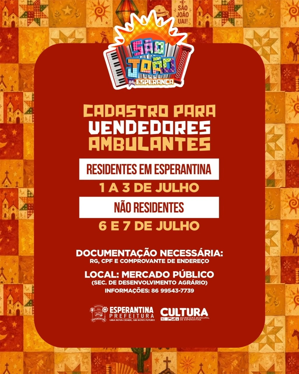 Prefeitura de Esperantina abre cadastro para vendedores do São João da Esperança