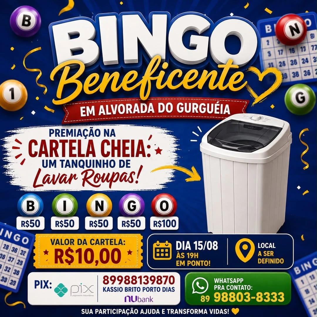 Alvorada do Gurguéia promove bingo beneficente com prêmio de tanquinho