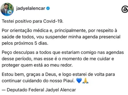 Jadyel Alencar testa positivo para Covid-19 e suspende agenda por cinco dias