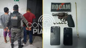 Rocam prende dupla suspeita de roubo e apreende arma de fogo na zona Norte de THE (Foto: PMPI)