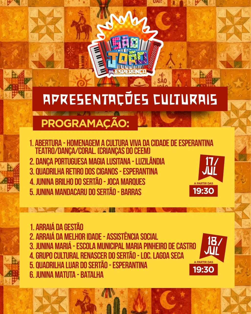 São João da Esperança terá dois dias de apresentações culturais em Esperantina